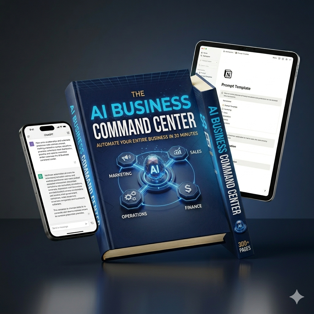 AI Business Command Center book with ChatGPT phone and Notion tablet mockup