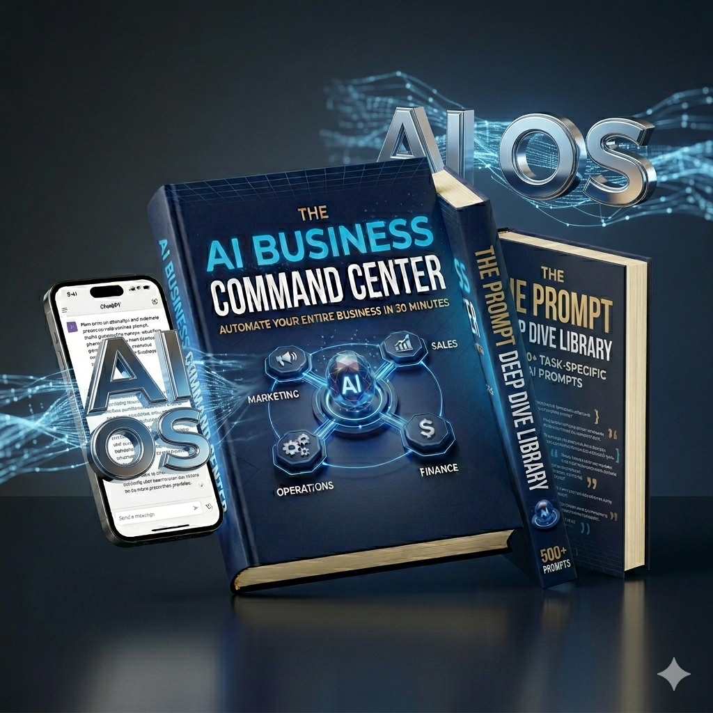 AI OS premium bundle mockup with book and prompt library