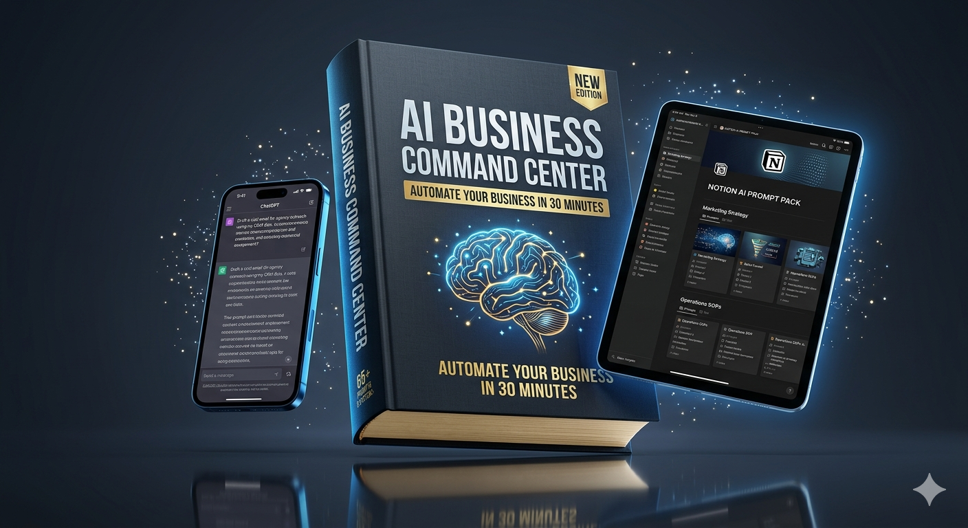 Wide AI Business Command Center mockup with phone and Notion dashboard